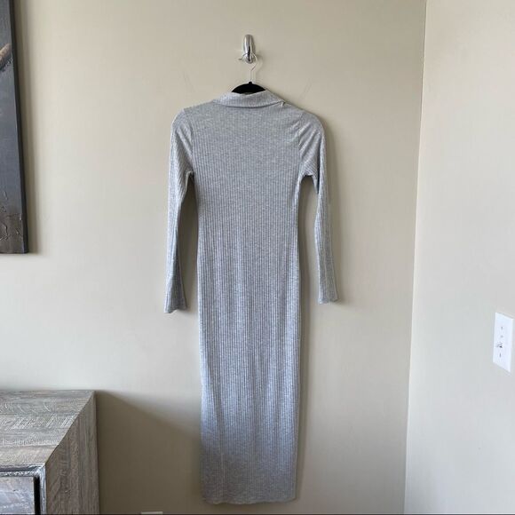 Topshop-Collar Ribbed Jersey Midi Side Slit Grey Dress (Size:4) - Picture 3 of 10